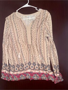 Vintage America Beige Peasant Tunic with Pink Border and Blue Accents
